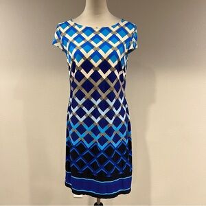 Jessica Howard Blue Geometric cap sleeves stretchy Mini Shift Dress size small